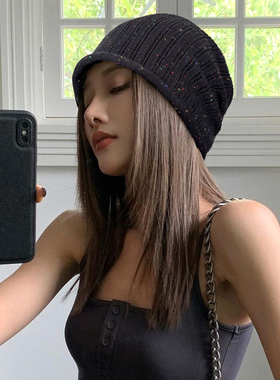 春夏休闲条纹薄款堆堆帽女针织百搭包头冷帽宽松显脸小套头帽子潮