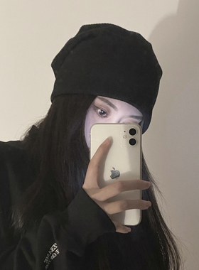 帽子女冬季毛线大头春秋黑色加厚