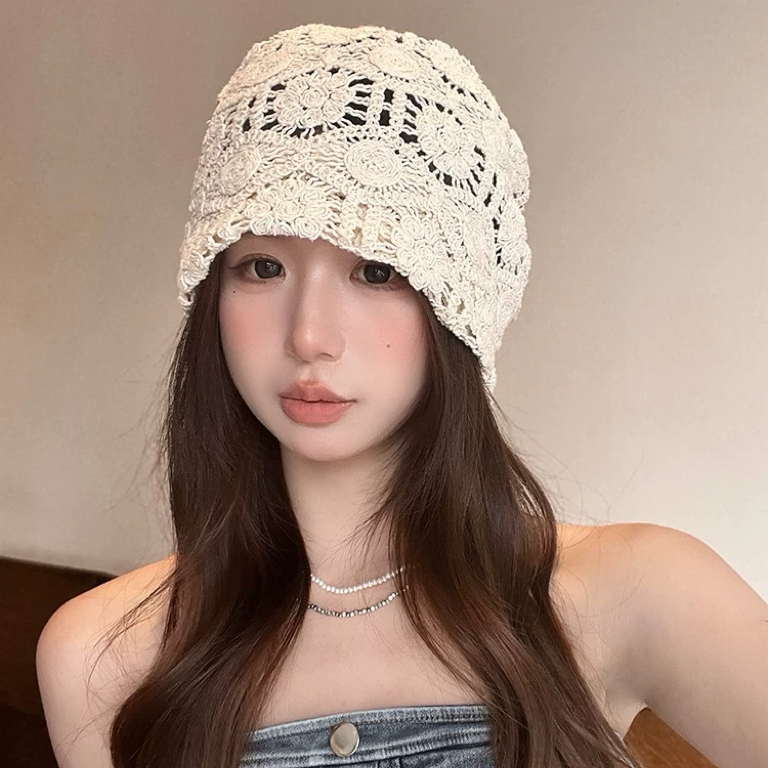 日系手工编织包头帽子女春秋薄款镂空毛线帽复古文艺针织帽堆堆帽