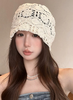 日系手工编织包头帽子女春秋薄款镂空毛线帽复古文艺针织帽堆堆帽