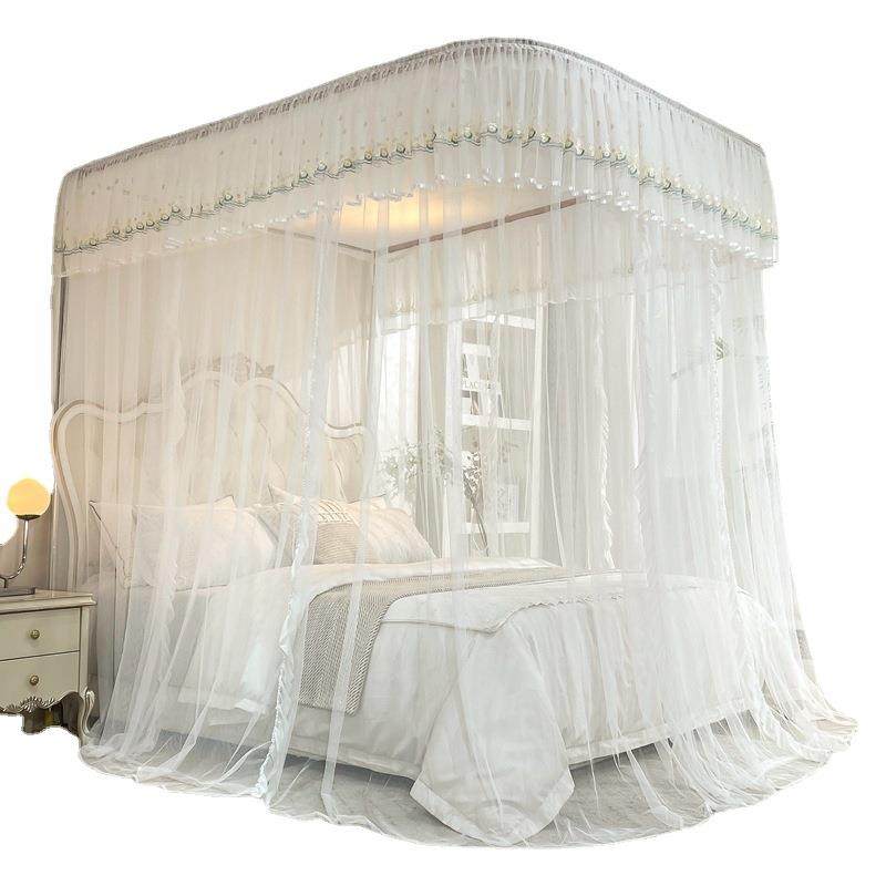 U型导轨蚊帐三开门蕾丝绣花宫廷落地轨道1.8床帘家用合金支架防蚊