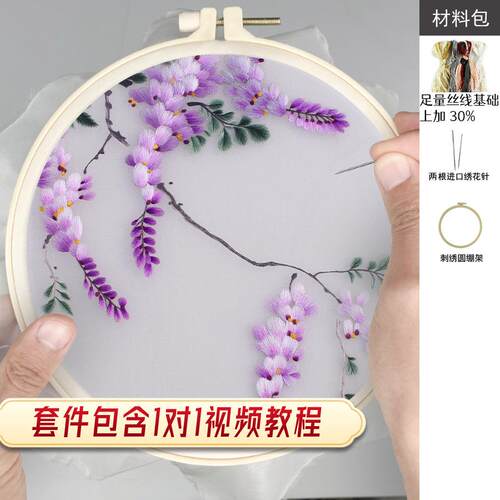 ⇔苏绣手工diy自绣套件紫藤花鸟刺绣材料包印图团扇子蜀绣