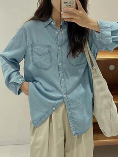 韩版牛仔衬衫女气质早秋薄款外套高端天丝水洗牛仔上衣女叠穿垂感