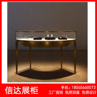 不銹鋼珠寶首飾弧形展臺(tái)透明玻璃展示柜精品陳列柜帶燈帶鎖定做
