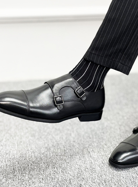尖头手工新郎结婚皮鞋搭扣僧侣孟克鞋真皮商务正装内增高男鞋6CM8