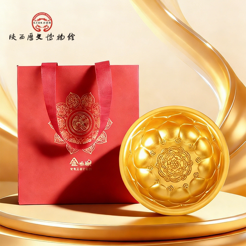 陕历博唐鸳鸯莲瓣纹金饭碗摆件