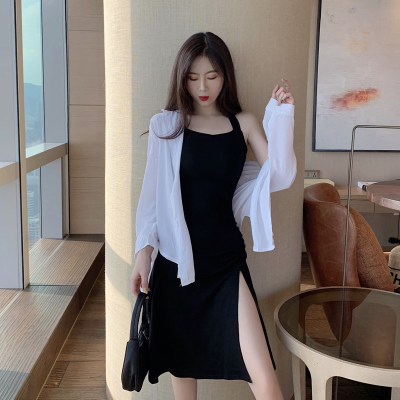 气质修身显瘦吊带开叉连衣裙洋气防晒衣小个子韩版初春两件套装女