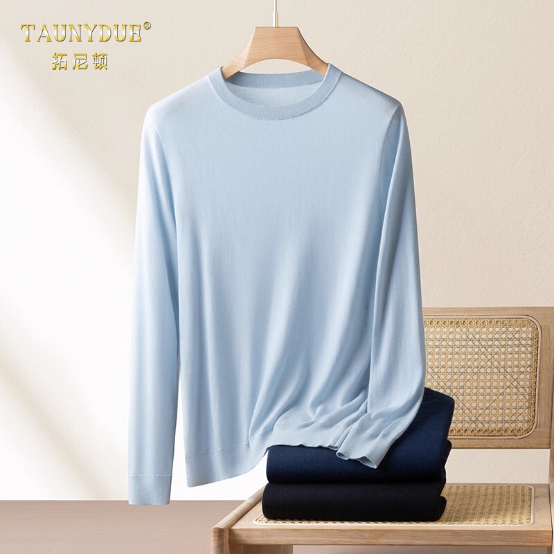 鄂尔多斯市68支精纺纯山羊绒衫男新款长袖针织打底衫薄款圆领毛衣