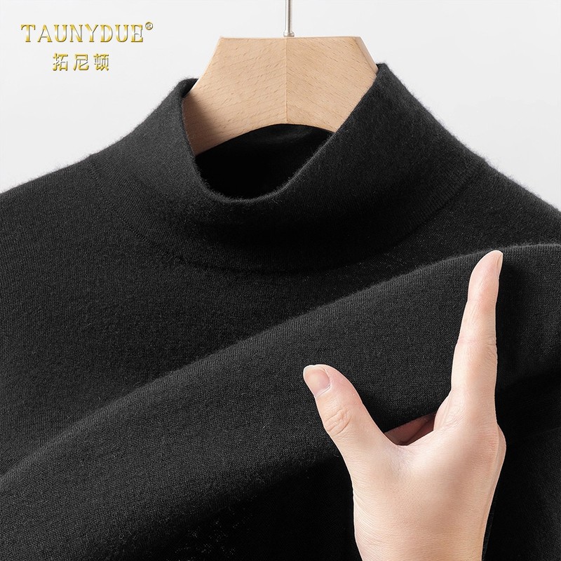 TAUNYDUE半高领精纺薄款纯山羊绒衫男秋冬针织羊绒打底衫高领毛衣