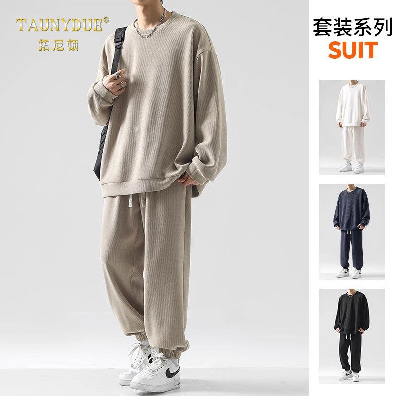 高级感灯芯绒圆领卫衣休闲裤子男士春秋季重磅长袖休闲运动一套装