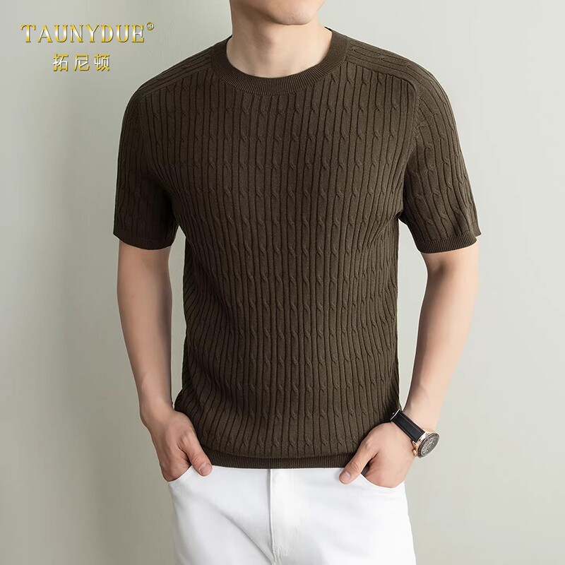 TAUNYDUE男士扭花针织衫短袖T恤春夏季薄款休闲纯色圆领内搭上衣