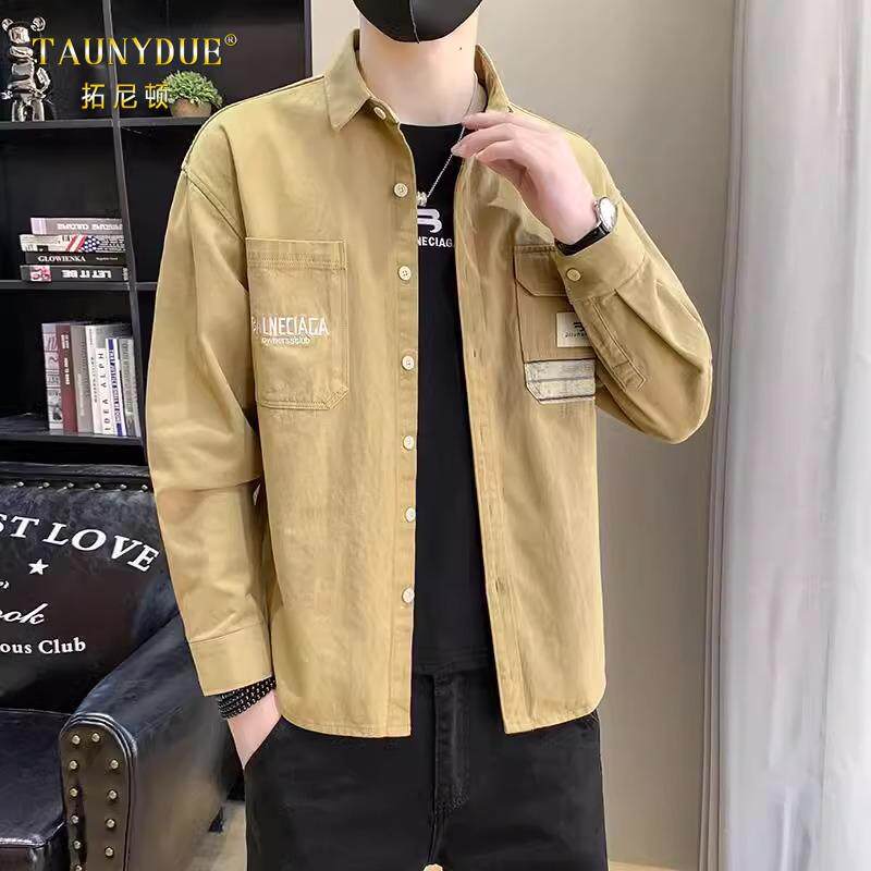 纯棉宽松长袖衬衫男士春季2025新款休闲工装衬衣宽松外穿帅气男款