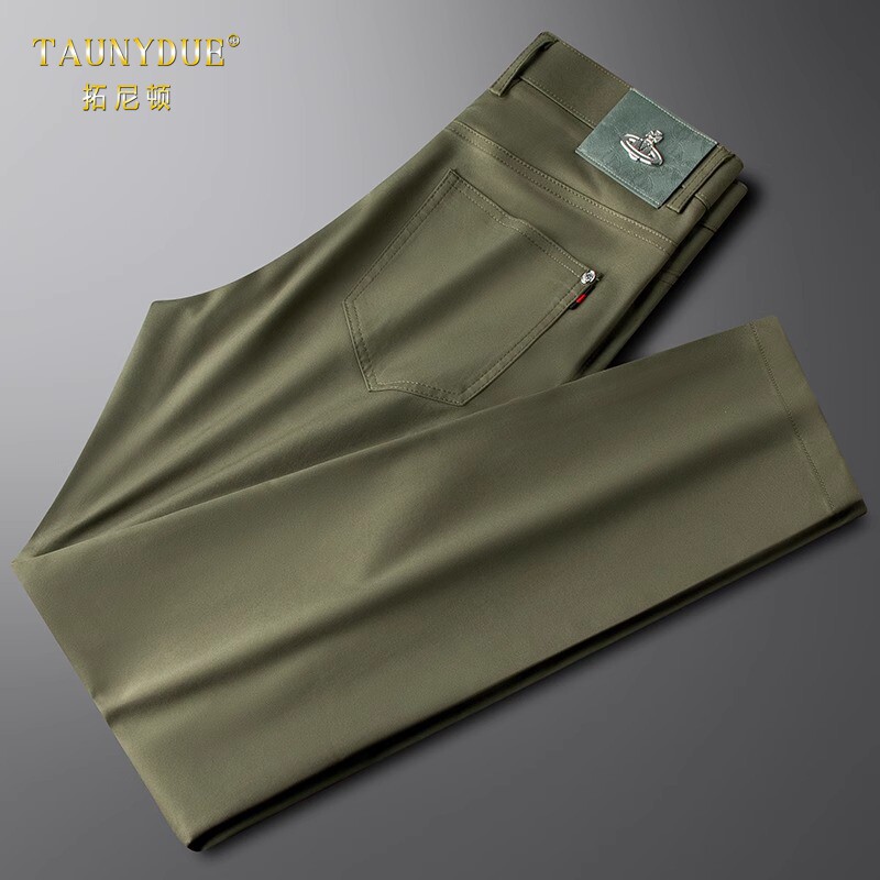 休闲裤男高端皮牌绿色夏季2025新款薄款免烫修身小直筒西裤男款