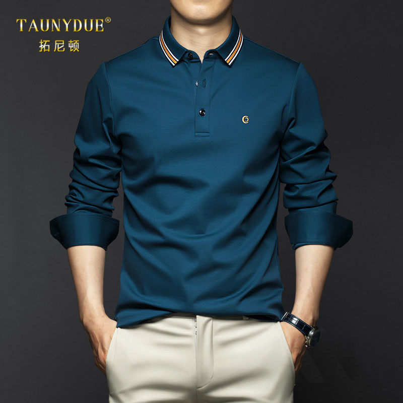 纯棉翻领长袖T恤男士春秋季丝光棉商务POLO衫2025新款春装打底衫