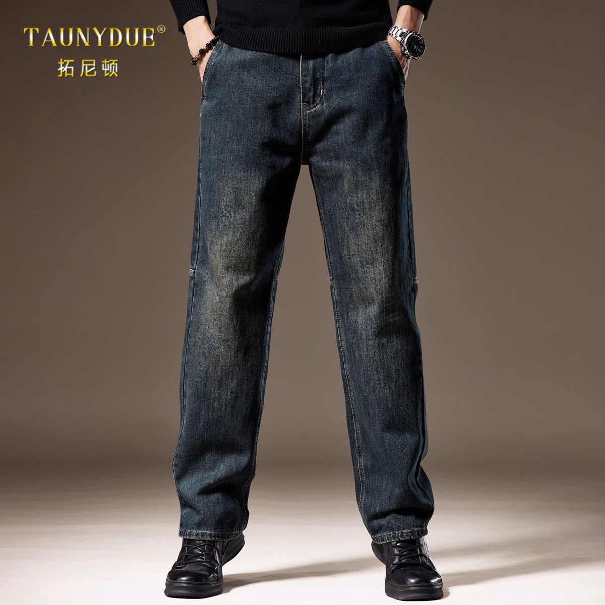 TAUNYDUE复古直筒牛仔裤子男2025春秋加绒做旧水洗宽松休闲长裤男
