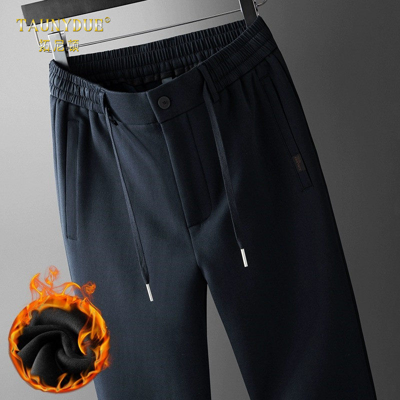 直筒宽松纯棉加绒加厚休闲裤男士秋冬款中老年爸爸弹力裤子男冬季