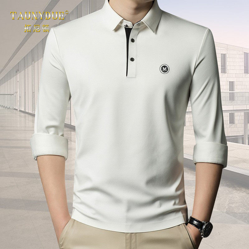 高级感帅气无痕长袖t恤polo衫男春秋薄冰丝时尚潮流宽松休闲翻领
