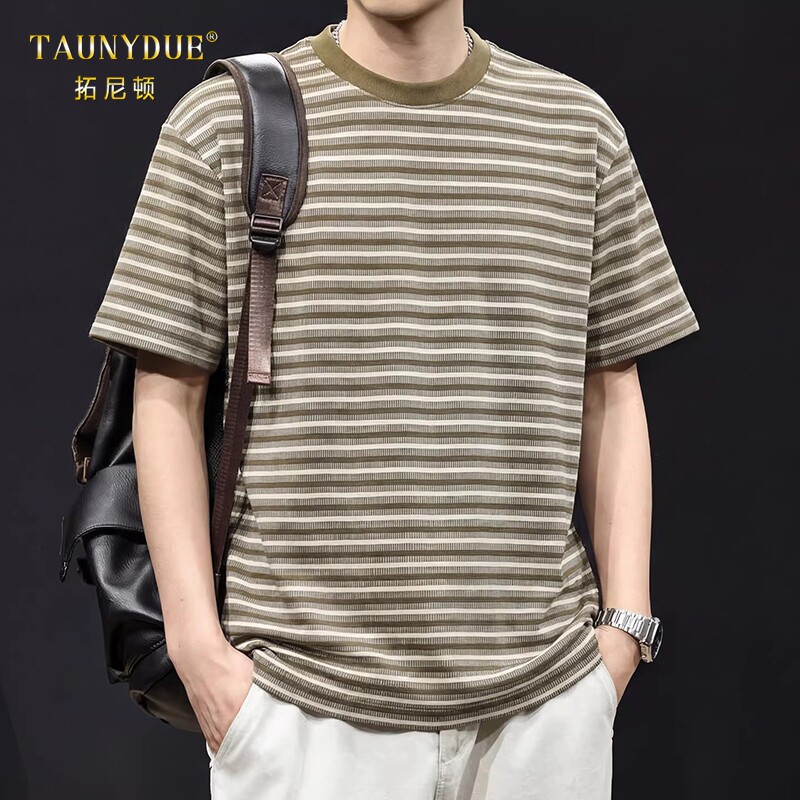 TAUNYDUE男士复古条纹透气短袖T