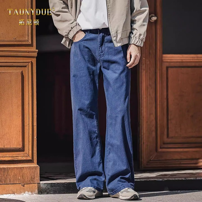 TAUNYDUE男士法工蓝色牛仔裤秋冬新款宽松直筒微喇叭阔腿裤男款