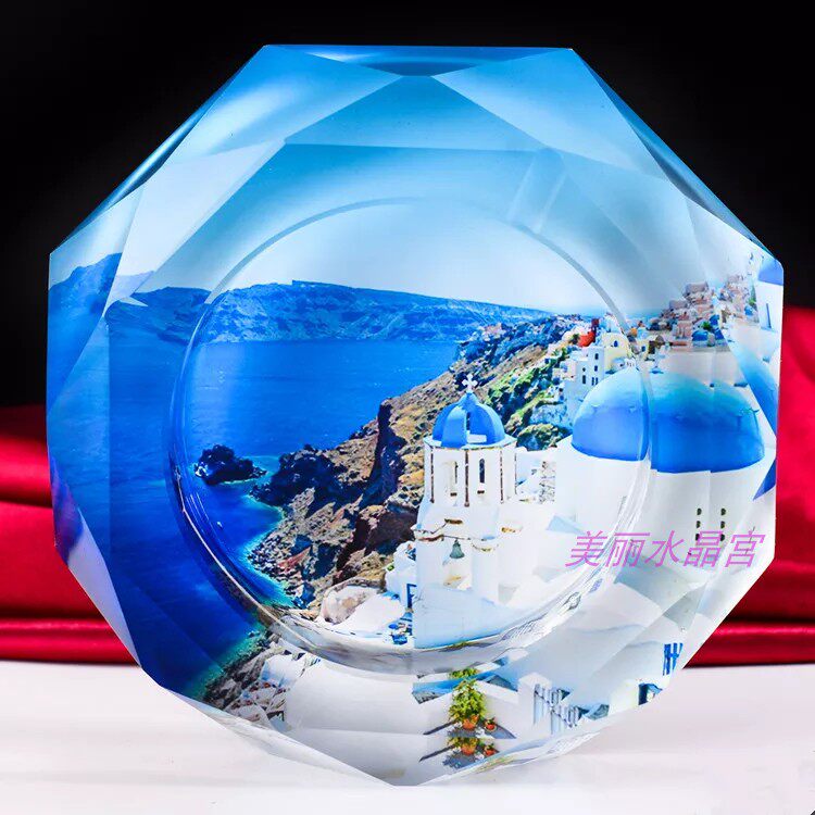 高档创意水晶玻璃烟灰缸彩印家居风景摆件个性定制潮流礼品欧式