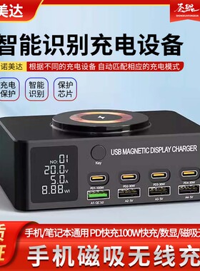 充电器氮化镓140W大功率多口USB桌面充电站多功能智能数显PD100W快充笔记本电脑工作室手机TypeC多孔充电桩