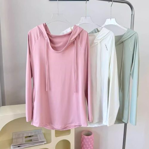 新款休闲宽松显瘦运动上衣女大码瑜伽服卫衣连帽健身上衣长袖