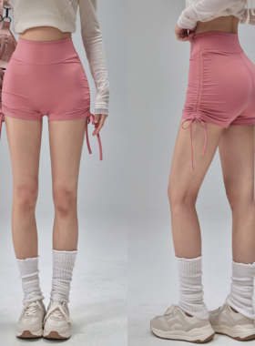 高腰运动热裤夏性感健身短裤抽绳绑带速干跑步舞蹈三分裤女蜜桃臀