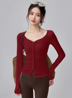 红色V领瑜伽服长袖修身运动上衣女纽扣开衫显瘦普拉提上衣跑步