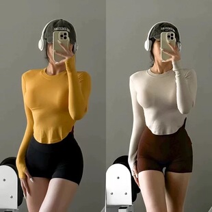 显瘦瑜伽服长袖 运动T恤健身上衣 带胸垫罗纹吸汗速干面料修身 新款