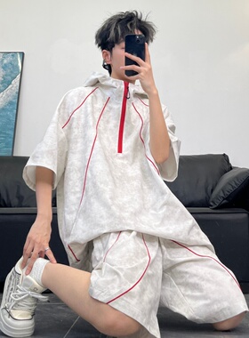 JAVE PASOK美式复古扎染连帽套装男女学生夏季宽松短袖短裤两件套