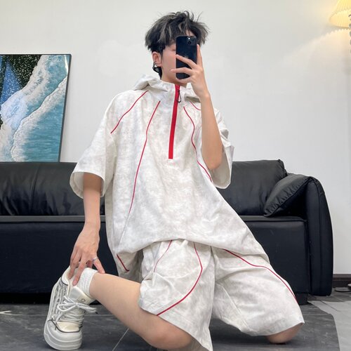 JAVE PASOK美式复古扎染连帽套装男女学生夏季宽松短袖短裤两件套