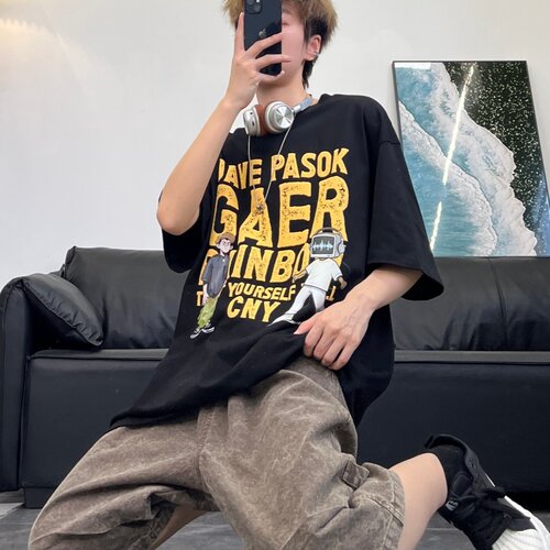 JAVE PASOK夏季新款美式潮流风穿搭时尚字母宽松短袖男大学生t恤