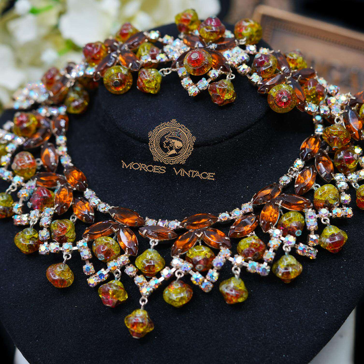 Vintage-S中古50年代JULIANA超稀有琉璃珠奥地利水晶落叶项链手链