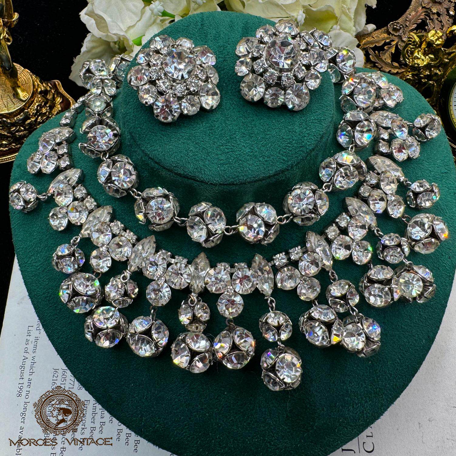 Vintage-S中古首饰50年代360度立体奥地利水晶球项链手链耳夹套装