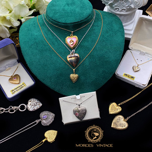 Vintage复古古董首饰舶来品爱心纪念香膏相片盒像片盒项链毛衣链