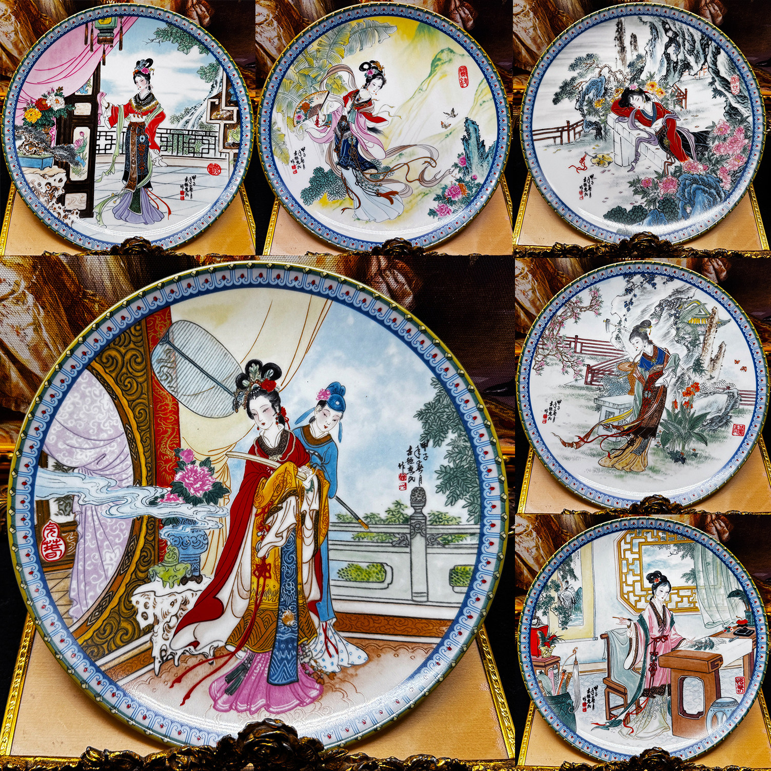 Vintage中古回流赵惠民景德镇红楼梦十二金钗彩绘陶瓷盘子摆件