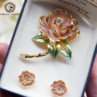 Vintage中古首饰1997年英格兰玫瑰纪念戴安娜王妃珐琅胸针耳钉