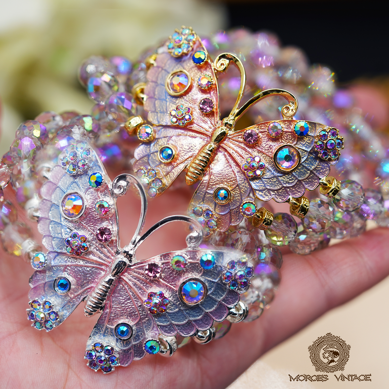 Kirks Folly珐琅幻彩梦幻蝴蝶北极光切面玻璃珠弹力手镯手链