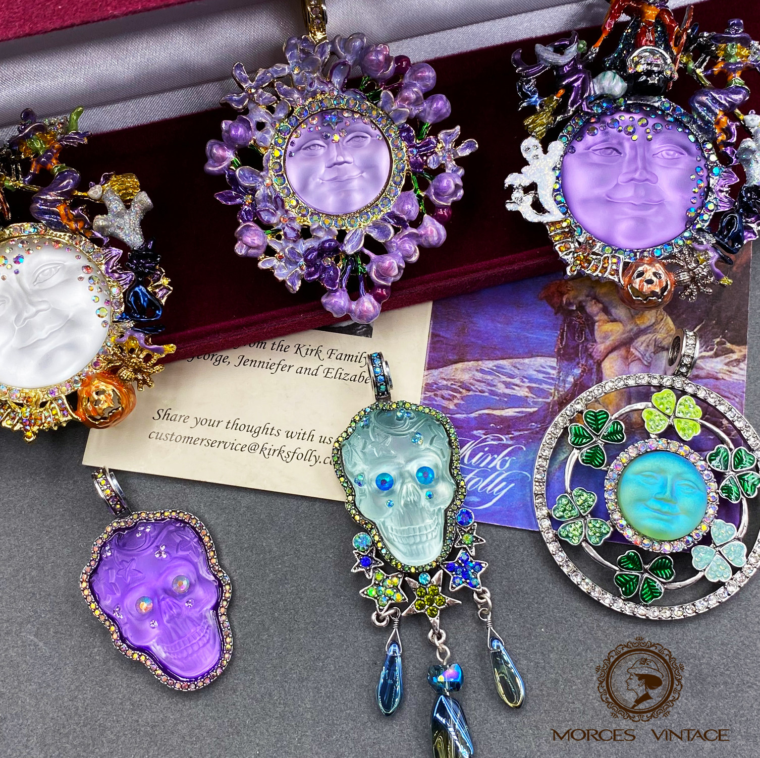 vintage复古董首饰kirks folly紫丁香花环万圣节月亮骷髅吊坠项链