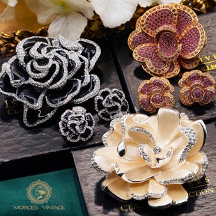 Vintage中古首饰JOAN 立体珐琅牡丹花栀子花胸针耳环 RIVERS限定款