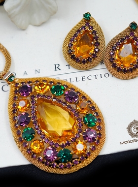 Vintage-S中古首饰50年代专利作品奥地利水晶胸针项链耳夹套装