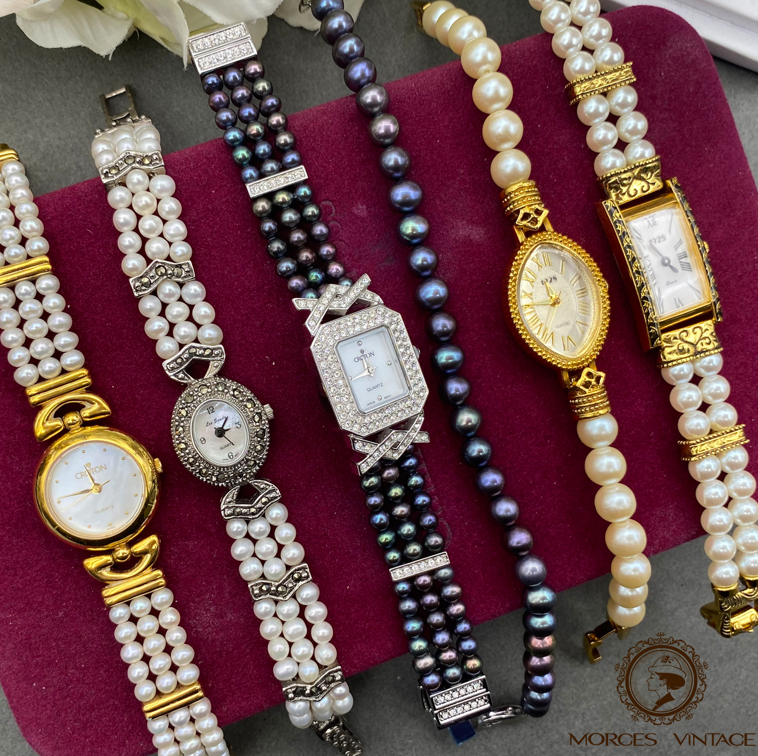 Vintage中古古董首饰水钻珍珠母贝宝石男女手链表石英机械表21