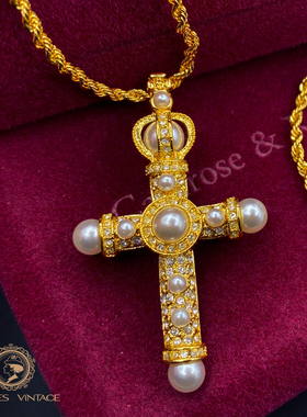 Vintage中古首饰JBK皇冠仿珍珠重工十字架吊坠项链胸针两用款