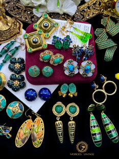 Vintage中古首饰napier蓝绿monet水晶琉璃珐琅trifari耳环耳夹集