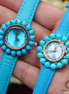 Vintage中古首饰EON1962亮丽天蓝色天然石真皮表带石英表