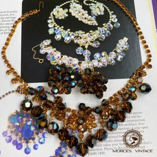 Vintage-S中古首饰50年代JULIANA书本琥珀茶色奥地利水晶项链耳夹