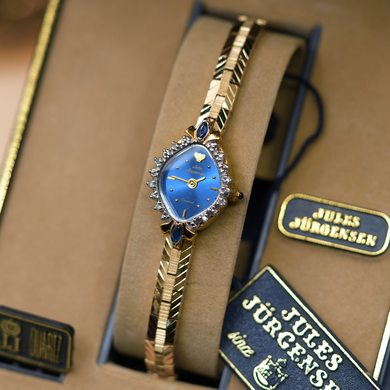 Vintage中古首饰jules jurgensen蓝盘宝石钻石丹麦皇室石英女表