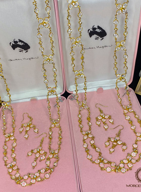 Vintage复古董首饰KROSS赫本全透明奥地利水晶优雅镀金项链耳钩