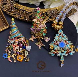 Kirks Folly珐琅圣诞树圣诞老人鹿胸针吊坠两用