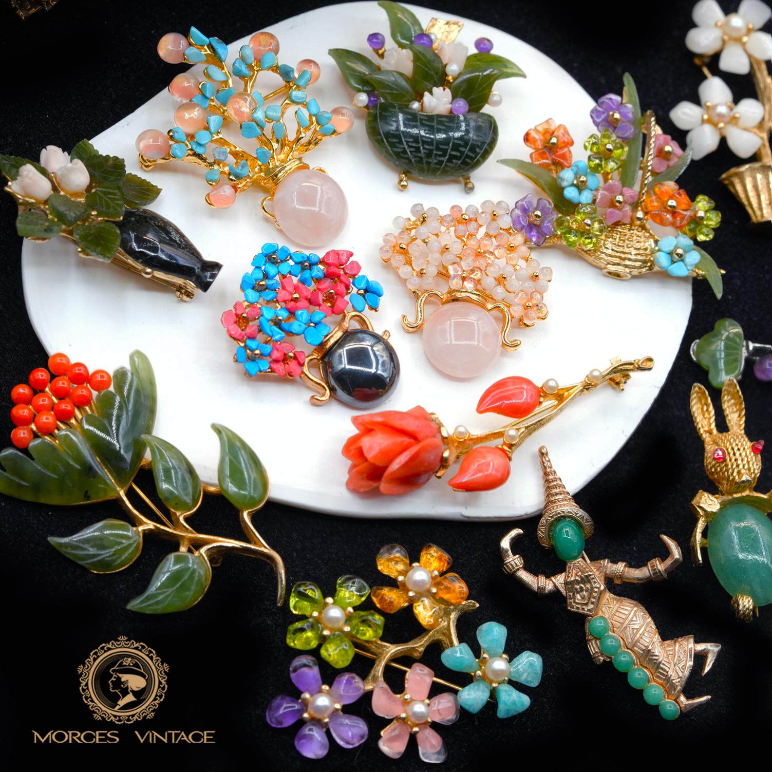 Vintage中古首饰SWOBODA天然石玉石珊瑚花卉盆景动物胸针